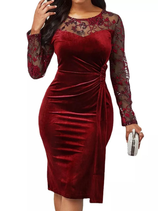 Spring Summer Dress Casual Plus Size Slim Velvet Office Pencil Dress Elegant Sexy Hollow Out Lace Long Party Vestidos Women Prom - Women Dress For Work - Women Plus Size Clothing