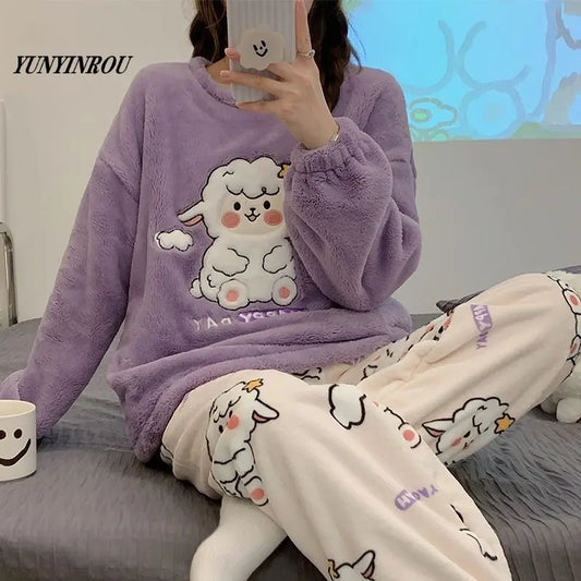 Autumn Flannel Cartoon Totoro Pajama Sets Woman Pyjamas Women's loungewear Pijama Mujer Homewear Girls Nightwear Women Lounge