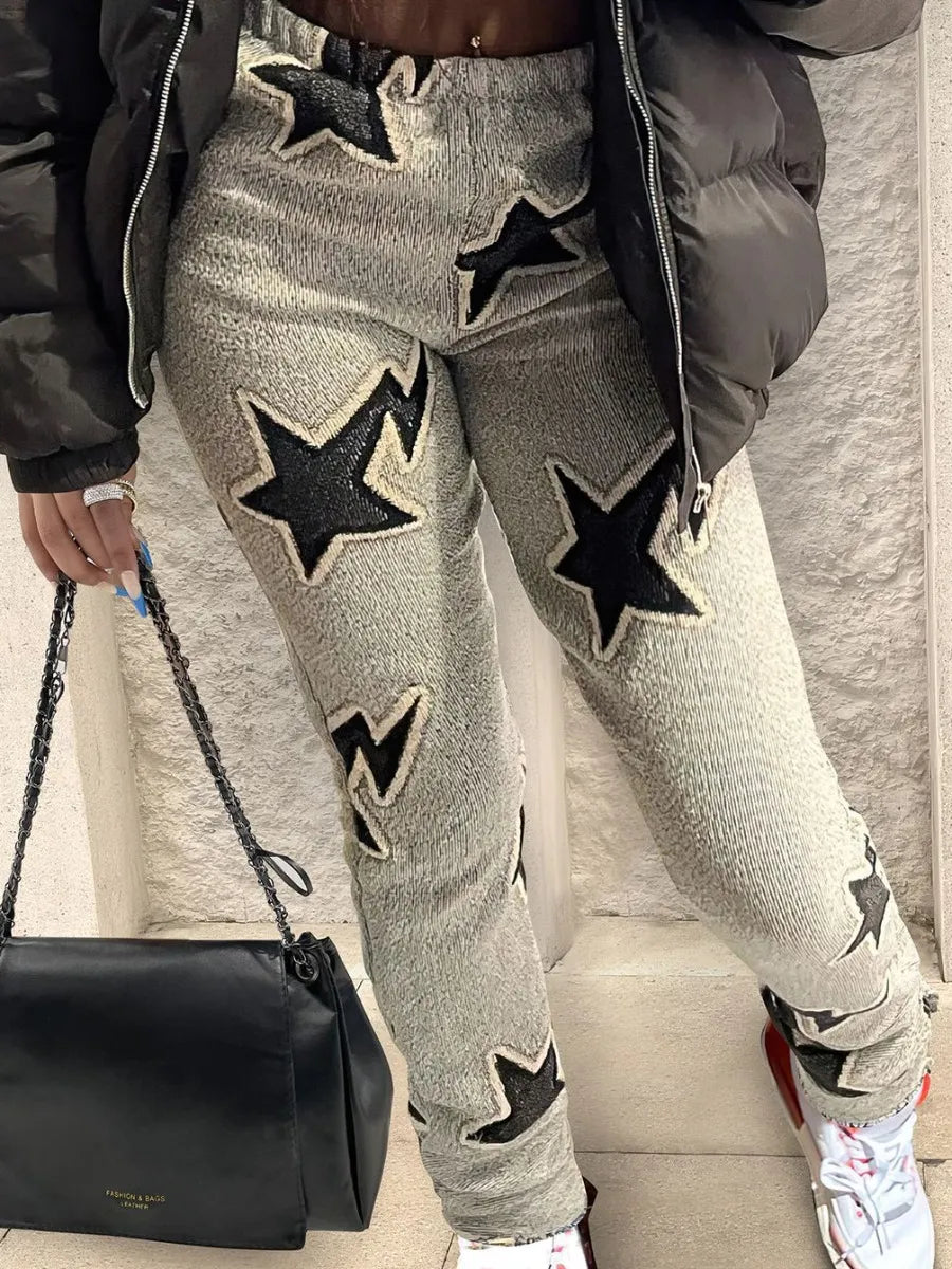 LW Street Star Stacked Multicolor Pants Fall Mid Waist Star Decor Pants  Elastic Waist Trousers Women's Streetwear Women Lounge