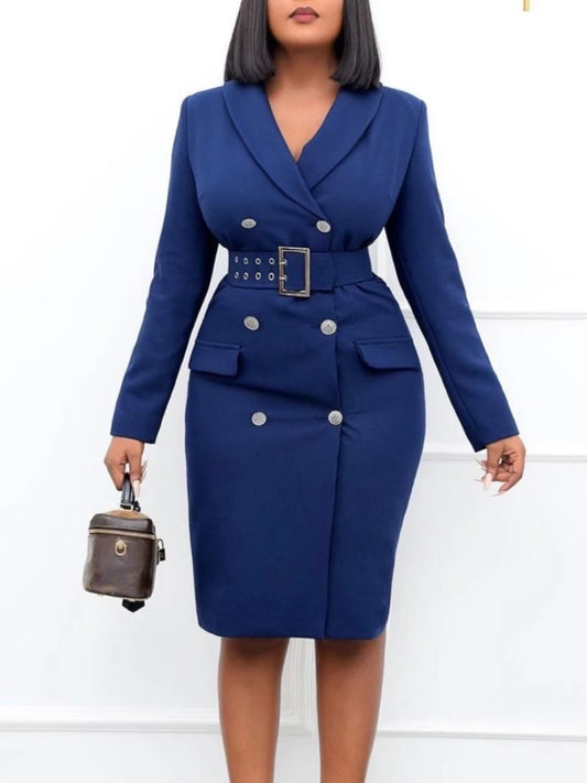 Elegant Woman Blazer Dress Double Breasted Belt Stretch Knee Dress Office Lady Business Work Outfits Spring Autumn Party Club Women Dress For Work - Women Prom