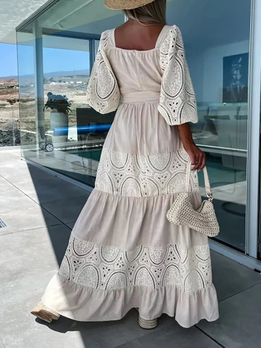 Summer Maxi Dress Woman Lace Patchwork Loose Beach Dress Female Elegant Retro Square Neck Tie-Up Ruched Long Dress Women Casual - Women Prom