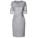 New Plus Size Midi Dress 5XL Elegant O-neck High-Waist Embroidery Lace 3/4 Sleeve Lady Evening Dress Female Clothing Robe Women Casual - Women Short