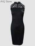 Women's O-neck Print Contrast Lace Sleeveless Party Dress NO Sequin Women Dress For Work