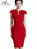 Nice-forever Office Woman Vintage Summer Solid Deep V neck Zipper Back Formal Stretch Pencil work Bodycon Pocket Women Work Dress