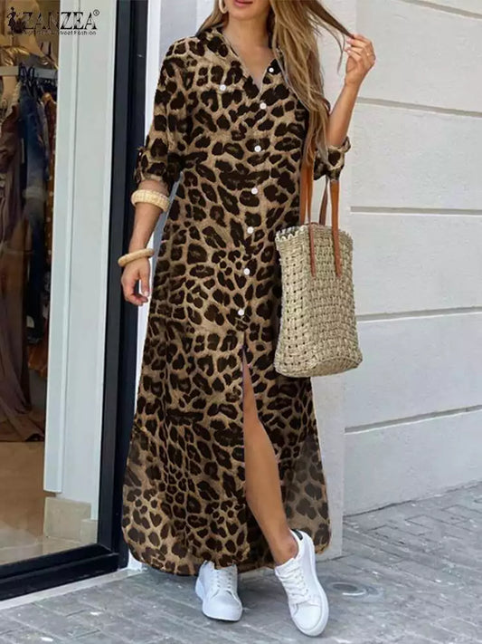 ZANZEA Party Vintage Leopard Robe Autumn Casual Long Sleeve Maxi Long Vestidos Dress Fashion Oversized Woman Shirt Sundress Women Casual - Women Prom