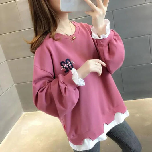 Fashion O-Neck Embroidery Fake Two Pieces T-Shirt Female Clothing Autumn Loose Commute Tops Casual Tee Shirt women short - women tops - women casual