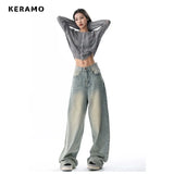 Korean Vintage Casual High Waist High Street Style Light Blue Straight Jeans Pants Women's Wide Leg Baggy Y2K Denim Trouser  Women Jeans - Girls Jeans