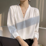 Spring/Summer Women's V-neck Pullover New Silk Shirt Fashion And Temperament Solid Silk Versatile Shirt Women Casual - Women Tops