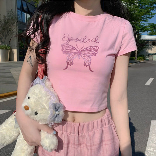 Cute E Girl Harajuku Pink T-Shirts Woman Summer Short Sleeve Glitter Butterfly Print Y2K Crop Top Fairy Aesthetic Clothes Women Casual - Women Tops