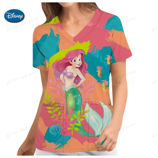 Disney Mermaid Princess Ladies Nurse Uniform Scrub V Neck Overalls Printed Uniform Women's Polyester Casual Medical Nursing women tops