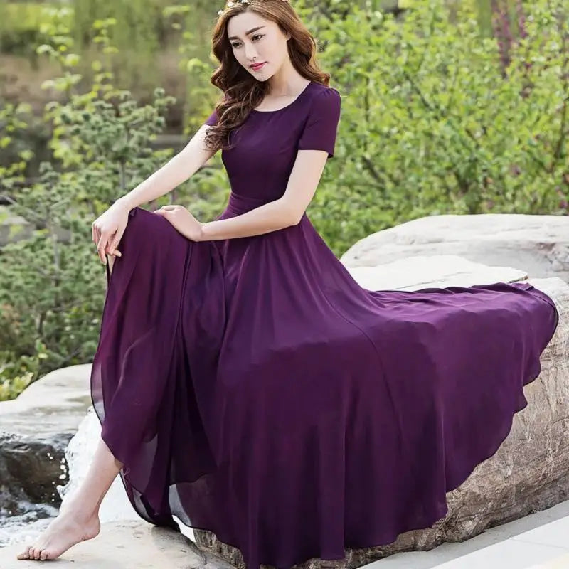 Fashion Solid Color Short Sleeve Noble Slender Long Skirt Popularity O-neck Empire Chiffon Summer women casual