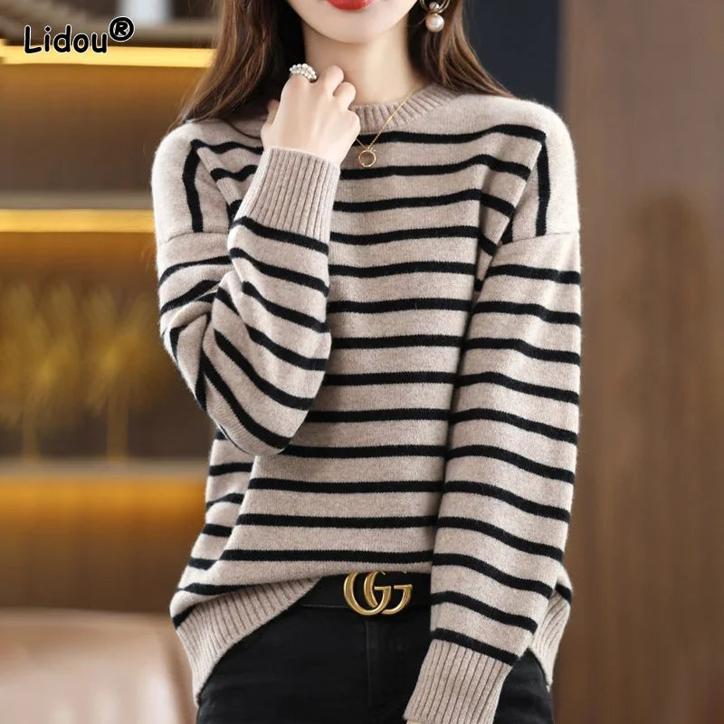 T-Shirts Thin Pullovers Striped Women's Clothing Loose Autumn Winter Popularity Simple Comfortable Round Neck Bottoming Women Casual - Women Tops