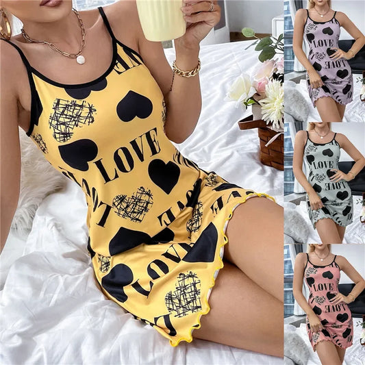 Sexy Spaghetti Strap V-Neck Nightdress Nightie Summer Loose Cotton Nightgown Female Cute Print Dress Light Sleepwear women sleep