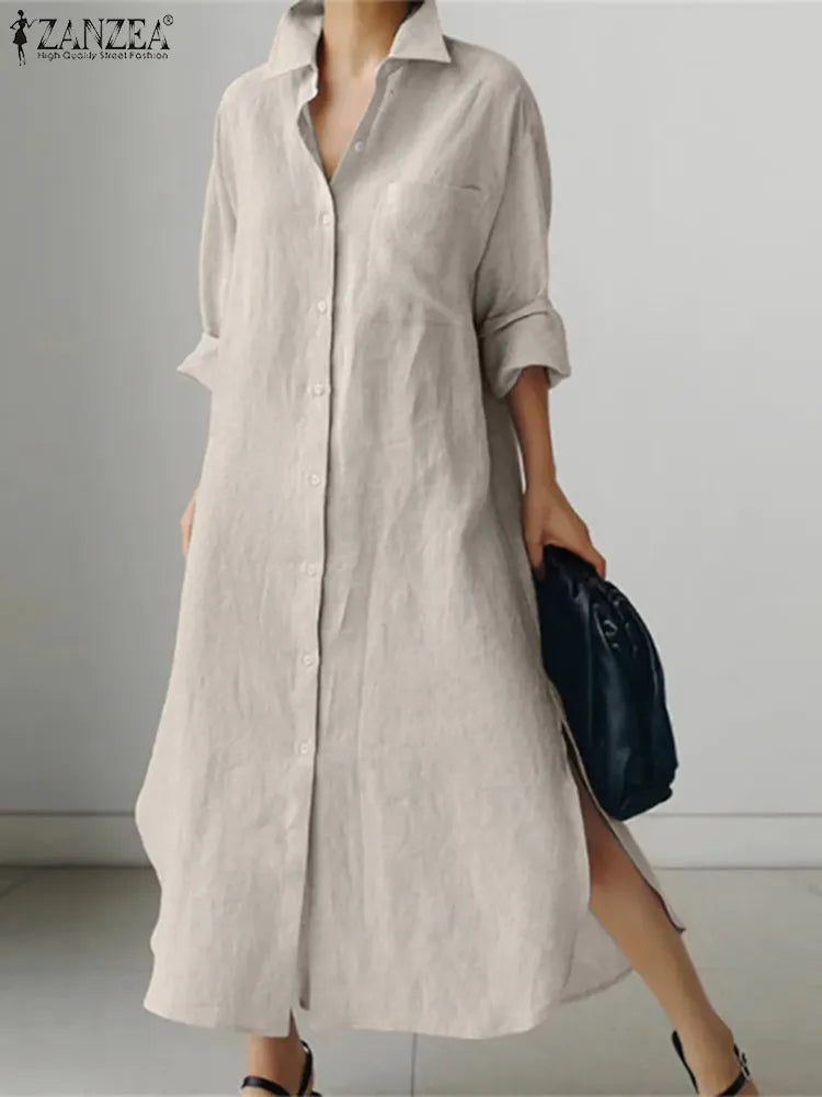 Woman Long Shirt Dress ZANZEA Spring Lapel Neck Long Sleeve Midi Sundress Elegant Work Buttons Down Vestido Robe Femme Oversize Women Casual - Women Plus Size Clothing