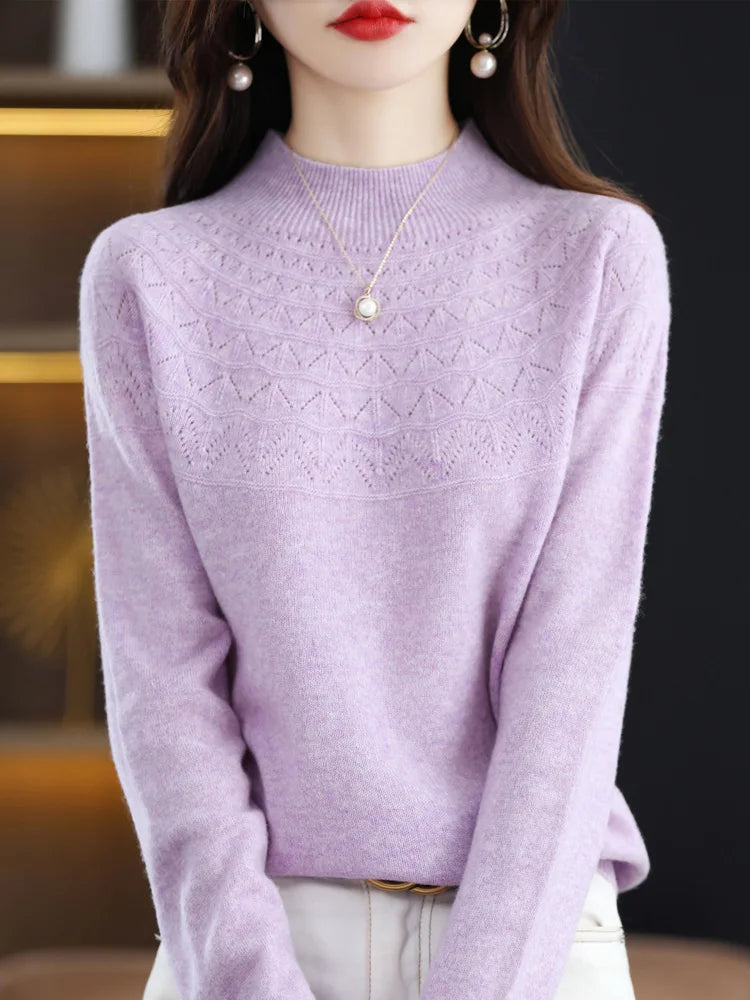 Long Sleeve Autumn Winter Women Sweater 100% Merino Wool Hollow Mock Neck Cashmere Knitted Pullover Female Clothing Basic Women tops & Teas