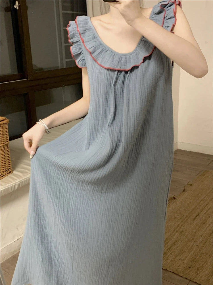 Sleeveless Nightgowns Sweet Ruffles Summer Ankle-length Sleepwear Fashion Korean Style Lounge Elegant Princess All-match women sleep