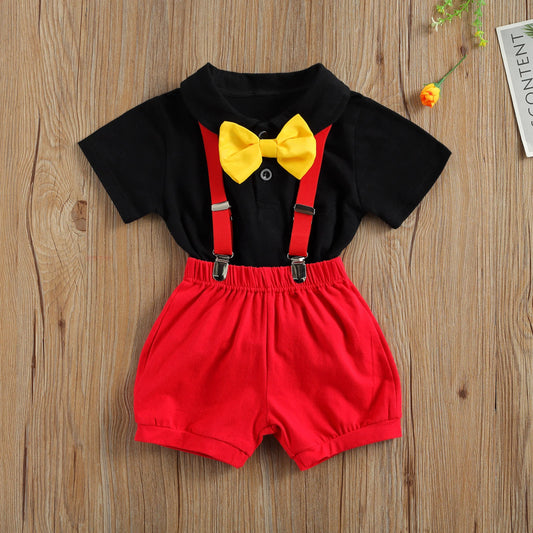 Summer Baby Boys Clothes Gentleman Set Short Sleeve Bow Tie Decorations Solid Color Romper with Suspenders Short Pants 2Pcs Boy shorts - Girls Short