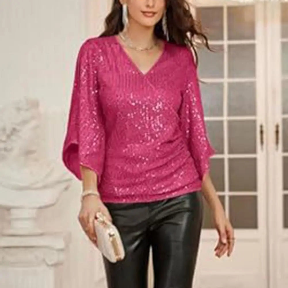 Woman Glitter Shirt Elegant Shiny Sequin V Neck Blouse for Woman Three Quarter Sleeve Soft Breathable Pullover Lady Commute women prom - women casual
