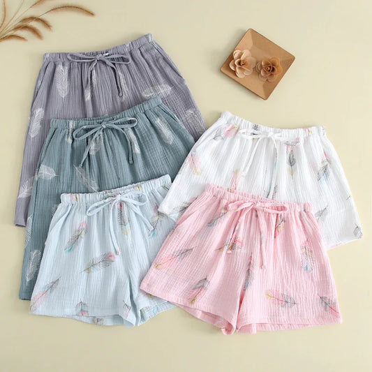 New Summer Couple Cotton Gauze Crepe Shorts Feather Printing  Sleep Shorts Bottoms women lounge