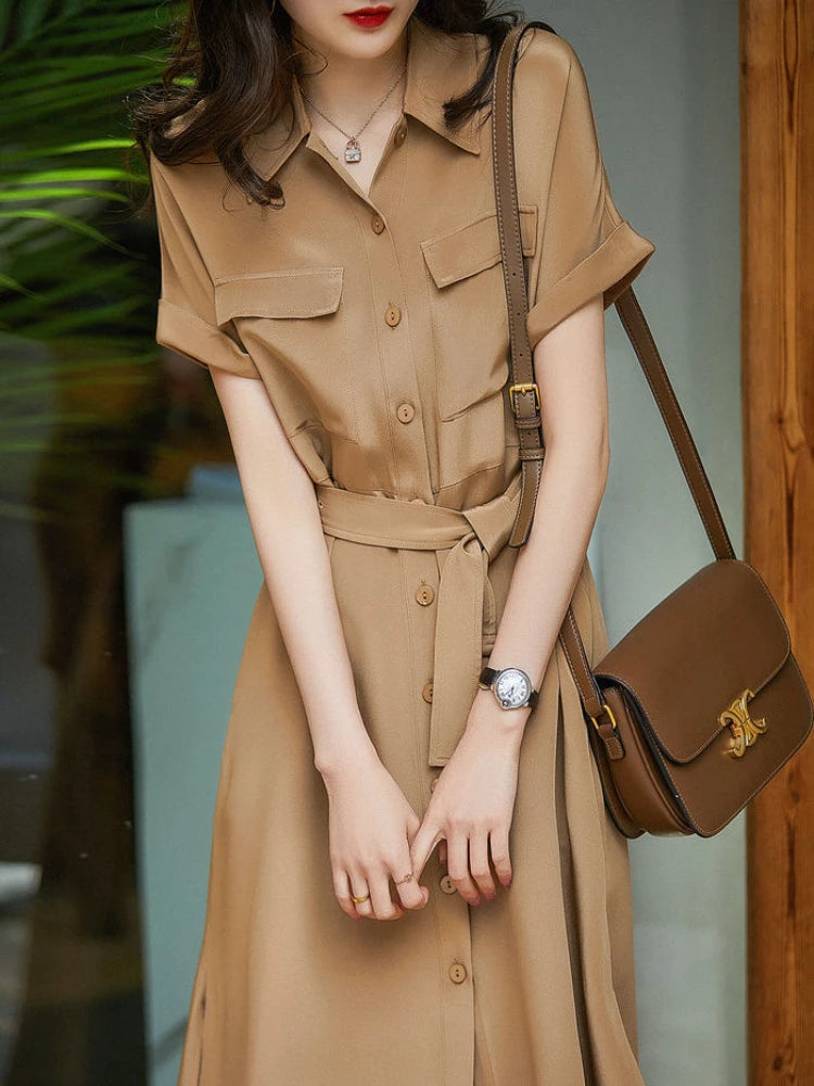 Summer New Light Luxury Imitation Mulberry Silk Shirt Skirt Over-the-knee Lace-up Dress Single-breasted Women Work Dress