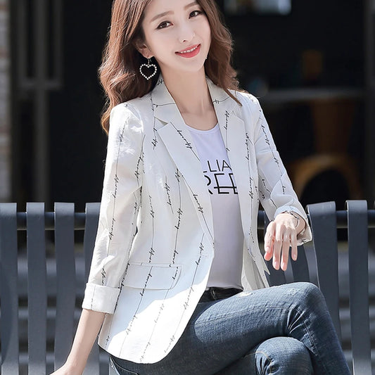 Women's Tops Cotton Fashion Suit Coat Female 2023 Spring Short Stripe Print Small Suit Blazers Women Blazers and Jackets Women Suiting & Blazers