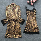 Leopard Print Sexy Pajamas Sets Satin Sleepwear Pijama Silk Home Wear Embroidery Sleep Pyjama Nightwear women lingerie