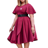 Elegant Solid Color Plus Size European And American Party Dress Summer OL Style Flared Sleeves High Waist Belted  Large Hem A-Li Women Short - Women Dress For Work