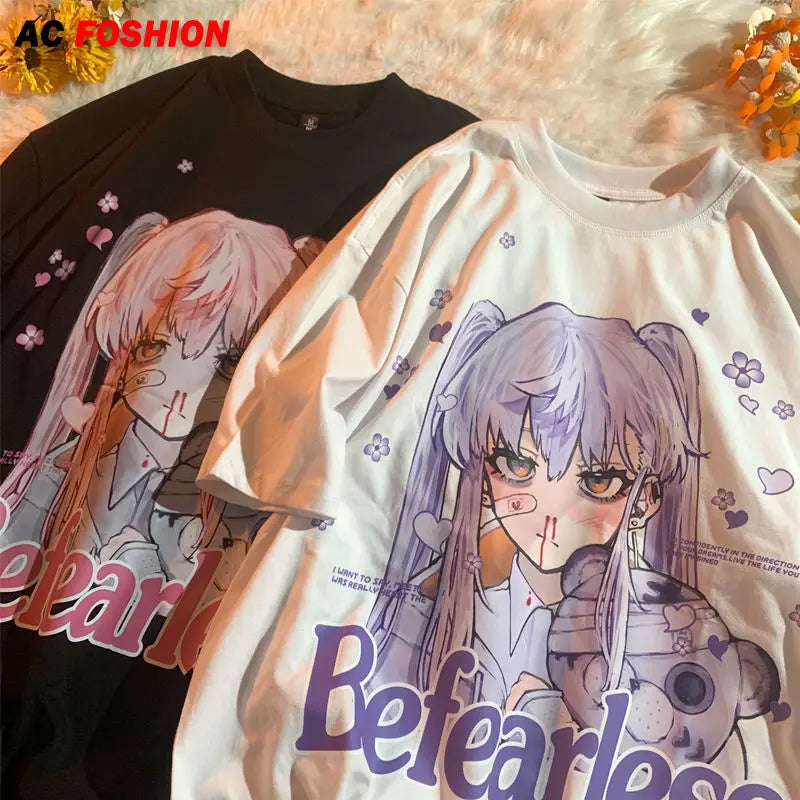 Cute Cartoon Female Graphic T-shirt Japanese y2k Harajuku Anime manga Print T-Shirt Summer Woman Clothes Short sleeved Women Tops & Tees
