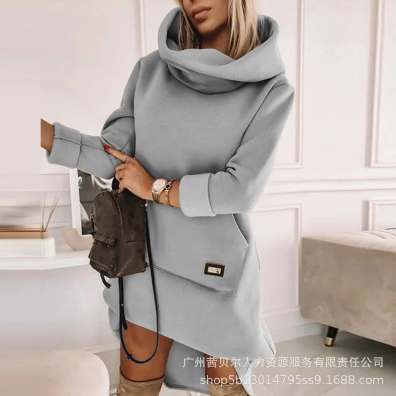 Turtleneck Long Sleeve Sweatshirt Dress Autumn Winter Woman Hoodies Long Pockets Loose Sweatshirts Y2k Women Casual - Women Tops