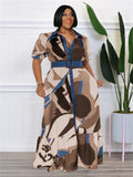 Women Plus Size Cloth for Summer Clothes Button Short Sleeve Print Patchwork Elegant Maxi Dress Wholesale Dropshipping