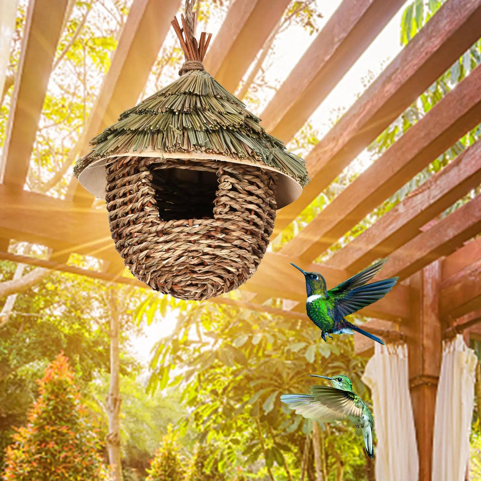Charming Decorative Hummingbird House Hand-woven Hung Straw Nest Natural Grass Hung Bird For Garden Office Indoor Patio Lawn