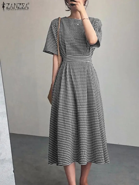 Vintage Checked Print Dresses ZANZEA Fashion Grid Plaid Sundress Woman Summer Dress Femme Half Sleeve Pleated Robe Vestidos Women Work Dress