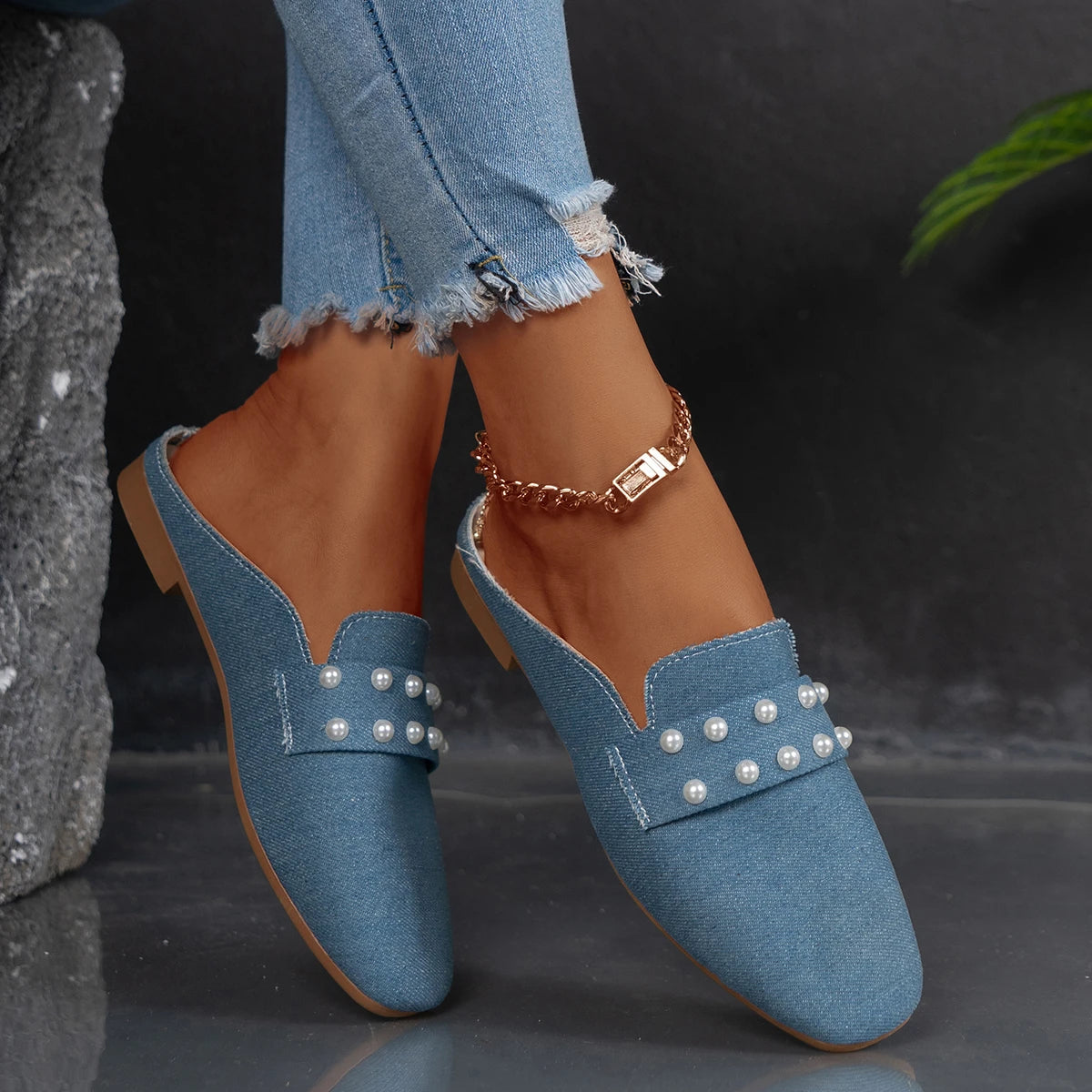 New Summer Fashion Denim Low Heels Elegant Pearl Women Shoes