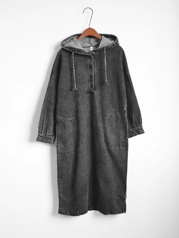 New Dresses for Woman Autumn Korean Fashion Large Size LOOSE Long Dresses Versatile Denim Robe Hooded New In Dresses Women Casual - Women Plus Size Clothing