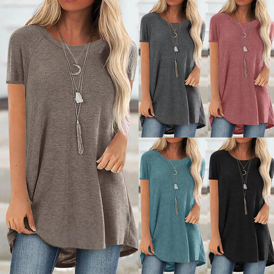 Plus Size New Women's Tunic Solid Fashion Long Shirts Round Neck Short Sleeve Casual Blouses Summer Women Plus Size Clothing