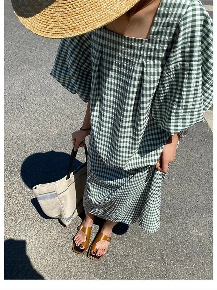 Fashion Square Neck Plaid Puff Sleeve Loose Dress Summer Woman Korean Ladies Chic New Dresses Elegant Women Casual - Women Plus Size Clothing