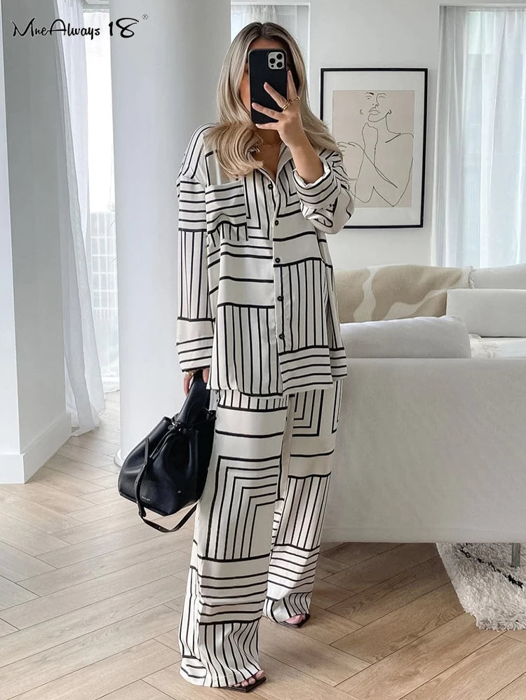 Mnealways18 Lapel Irregular Stripe Button Shirt And Pants Sleep Suit 2 Piece Single-Breasted Print Casual Home Suit women lounge