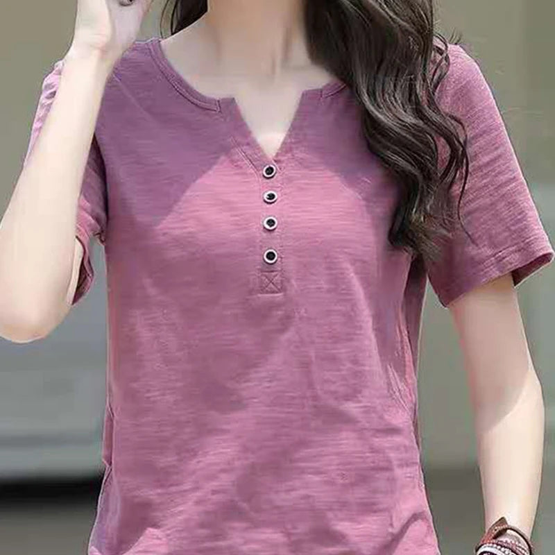 Women's Blouse Clothing V-neck Button T-shirt Spring Summer Loose Large White Short Sleeve Solid Elegant Women Casual - Women Tops