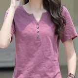 Women's Blouse Clothing V-neck Button T-shirt Spring Summer Loose Large White Short Sleeve Solid Elegant Women Casual - Women Tops