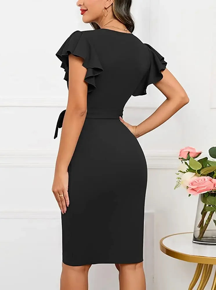 Bodycon Sexy Summer Dress Cocktail Faux Wrap Deep V Neck Ruffle Sleeve Ruched Party Work Formal Wedding Dresses for Women Dress For Work