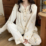 Spring Autumn Knitted Cotton Leisurewear Pajamas Woman Fashion Sleepwear Suit Long Sleeve Print Female Loungewear Women Lounge