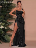 Elegant One Shoulder Backless Satin Ruched Split Maxi Dress Women Sexy Party Evening Long Dresses Spring Summer Black women prom - women contemporary