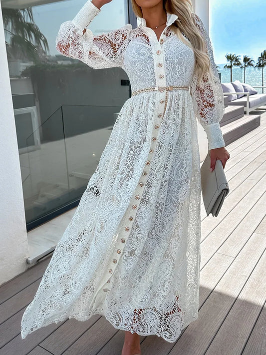 Woman Spring Summer Single-Breasted Maxi Dress Hollow Out Lace Patchwork Fashion Ladies Party Dress Streetwear Dropshipping Women Prom