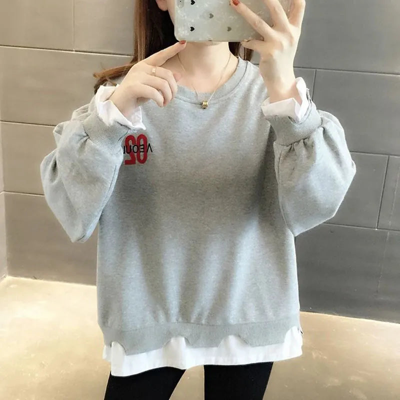 Fashion O-Neck Embroidery Fake Two Pieces T-Shirt Female Clothing Autumn Loose Commute Tops Casual Tee Shirt women short - women tops - women casual