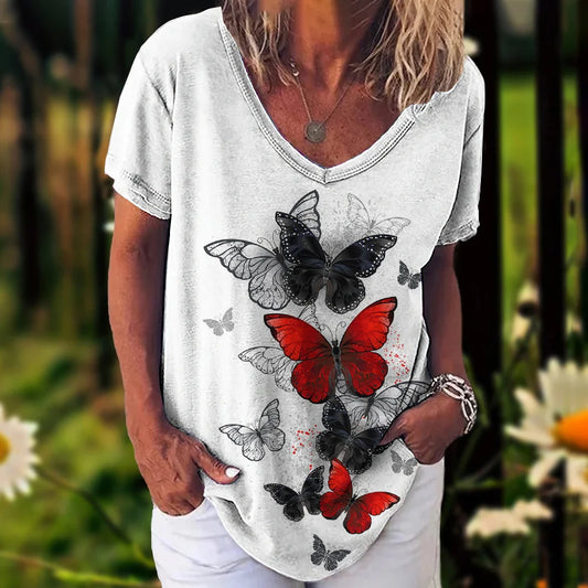 Women's T-Shirt Summer V-Neck Shirt Loose Fashion Trend T-Shirts Beautiful Butterfly Printed Clothes Tees Streetwear Women Casual - Women Tops - Women Prom