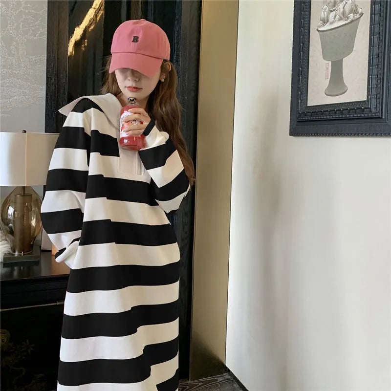 Spring Autumn New Striped Zipper Patchwork Midi Dress Long Sleeve Loose Dresses Fashion Trend Women Casual - Women Plus Size Clothing