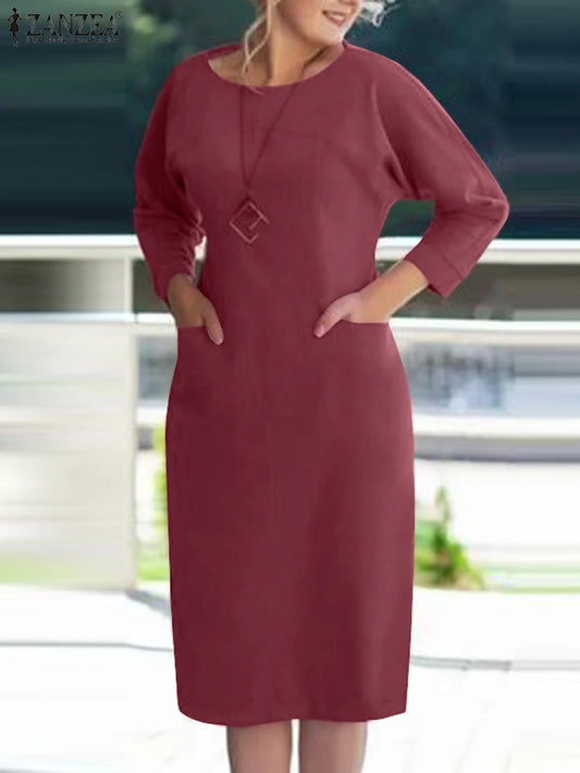 Elegant Woman OL Work Dress ZANZEA Fashion Autumn Dresses O Neck 3/4 Sleeve Sundress Party Vestido Knee-length Robe Femme Women Casual - Women Plus Size Clothing