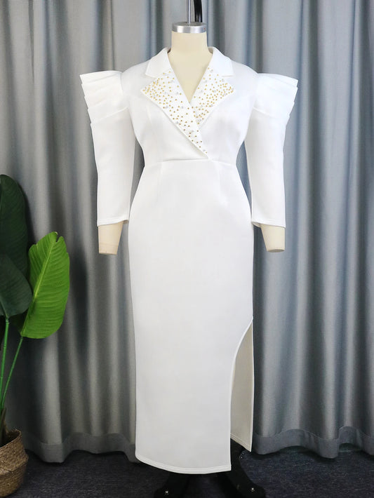 White Dresses for Woman-Notched Beading Puff Sleeve Bodycon Slit Ankle-Length Long Cocktail Curvy Lady Gowns Women Plus Size Clothing - Women Prom