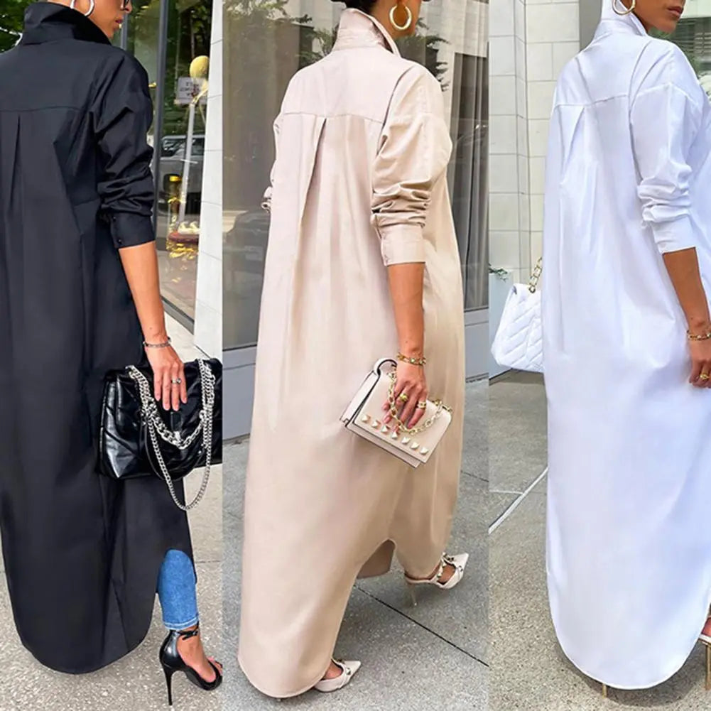 Woman Shirt Windproof Shirt Dress Versatile Arc Hem  Stylish Autumn Winter Solid Color Shirt Long Dress Women Casual