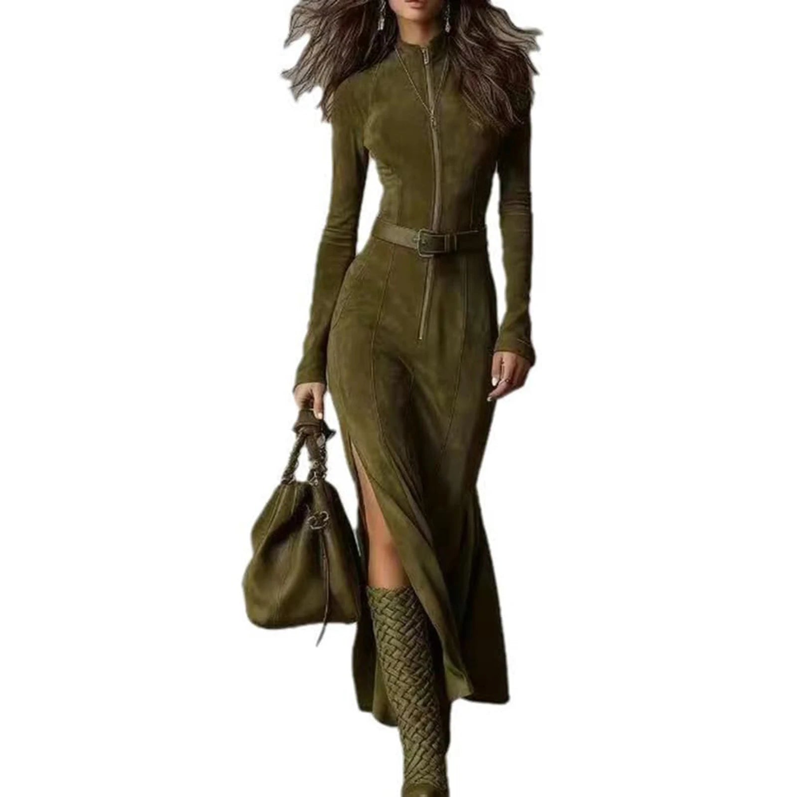 Women's Western Shirt Dress Ruched Wrap Maxi Dress High Slit Ruffle Hem Long Sleeve Flowy Chic Elegant Outing Dress